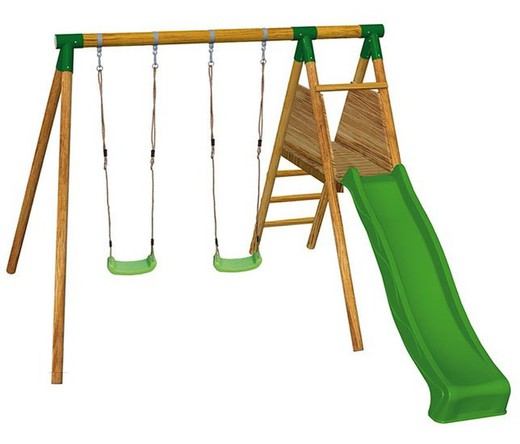 Double balançoire en bois avec toboggan