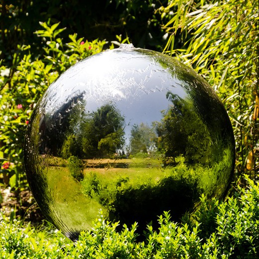 Stainless steel sphere fountains with LEDs, pump and plastic pond