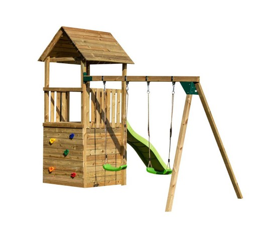 Parque infantil con casita de madera, rampa-escalada y columpio doble