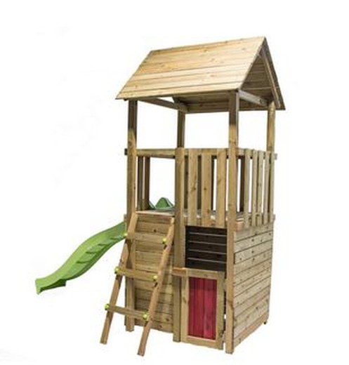 Aire de jeux en bois avec petite maison et toboggan