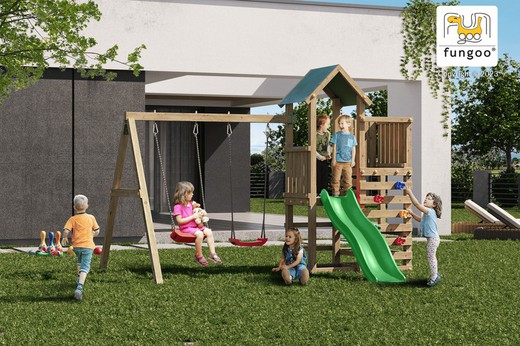 Safe fun park for children with a tower, swings and slide Chester