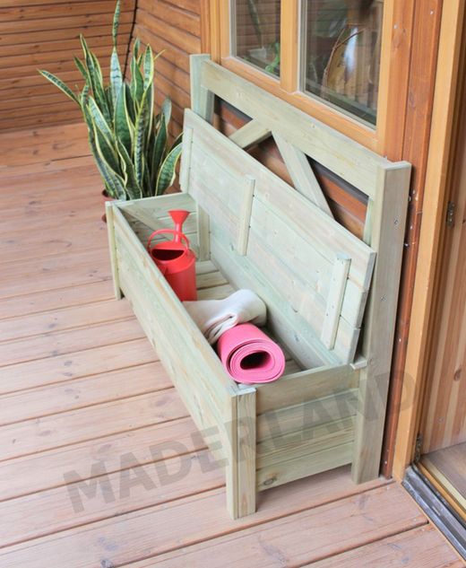 Banco con arcón de madera para jardín