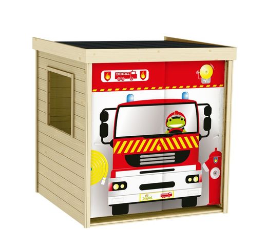 Cabane en bois pour enfants avec décoration pompier