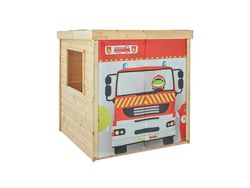 Cabane en bois pour enfants avec décoration pompier