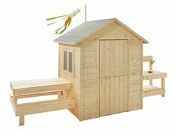 Casinha infantil de madeira com mesa e cozinha Blanche
