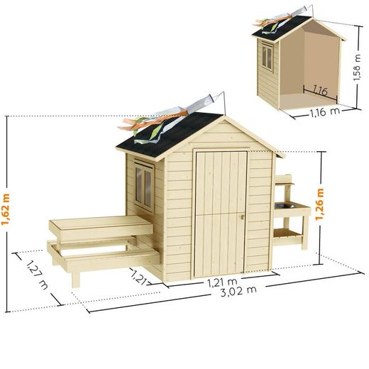 Casinha infantil de madeira com mesa e cozinha Blanche