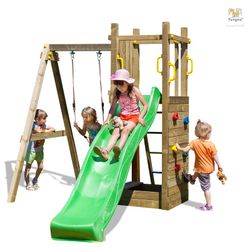 Aire de jeux en bois avec balançoire, toboggan et mur d'escalade Funny3