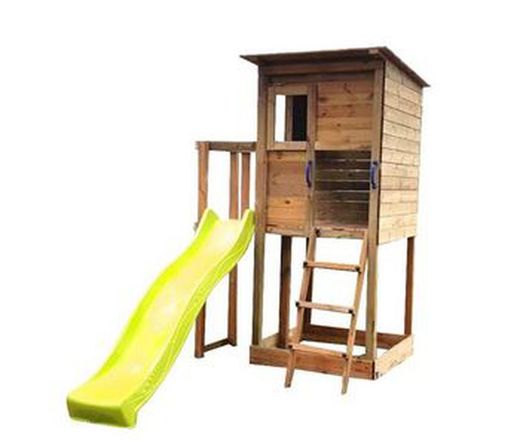 Taga parco giochi in legno con casetta rialzata, scivolo e scaletta