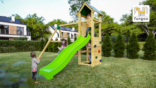 Parco giochi per bambini Fungoo Charly con scivolo verde e altalene