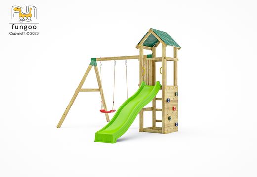 Parco giochi per bambini Fungoo Charly con scivolo verde e altalene