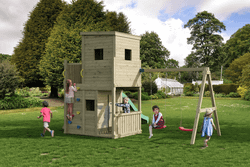 Parque infantil Fungoo Lofter con tobogán verde y casita