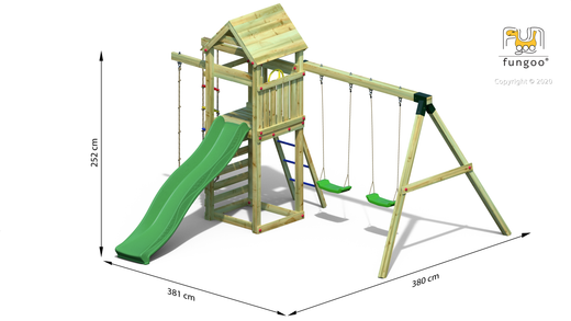 Parco giochi per bambini Gaia con scivolo verde e altalene