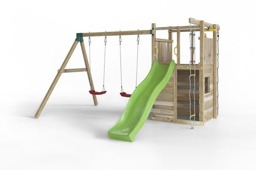 Houser-Spielplatz mit Hütte und Kletterwand