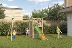 Playground houser com cabine e parede de escalada