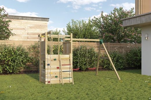 Playground houser com cabine e parede de escalada