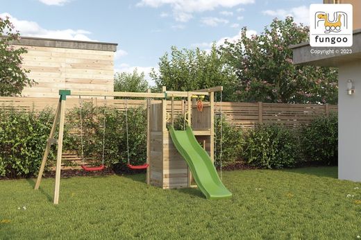 Playground houser com cabine e parede de escalada
