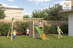 Playground houser com cabine e parede de escalada