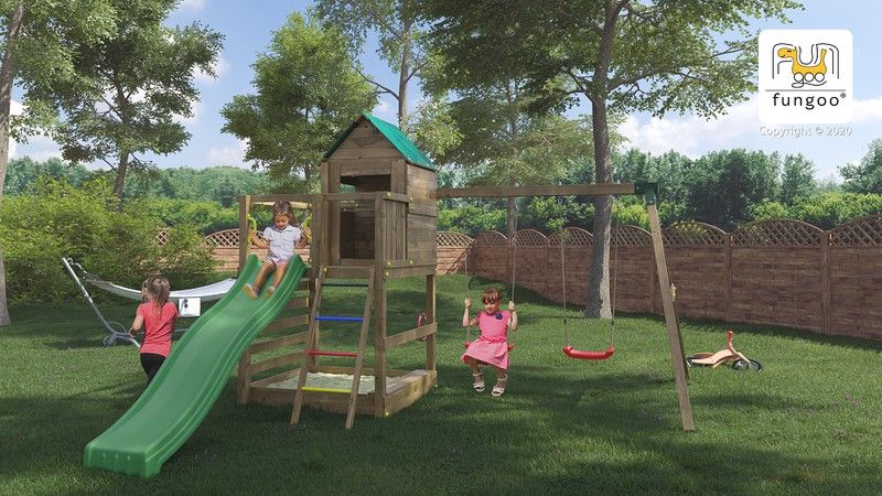 Parque infantil Jarcas con caseta madera, tobogán, doble columpio