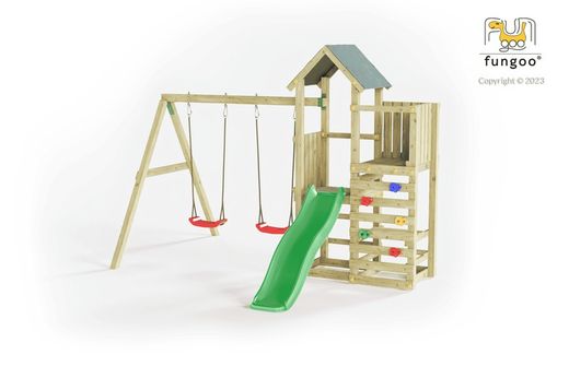 Sicherer, lustiger Kinderpark mit Turm, Schaukeln und Rutsche Chester