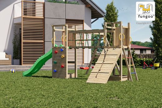 Maxi Funny Playground com duas torres e ponte - Castelo de aventura em seu jardim
