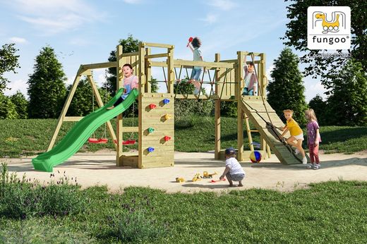Maxi Funny Playground com duas torres e ponte - Castelo de aventura em seu jardim